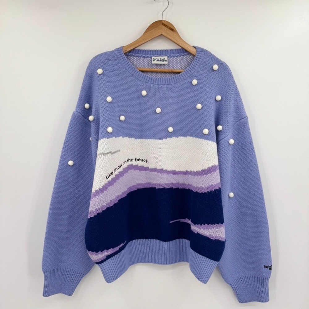 Taylor Swift Midnights Cardigan 2XL Lavender Snow on the Beach Pom Pom Sweater